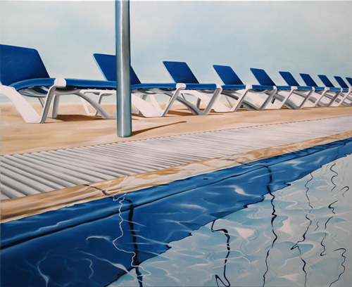 Blaue Liegestühle, 90 x 110 cm, Öl auf Leinwand, 2019 - verkauft -