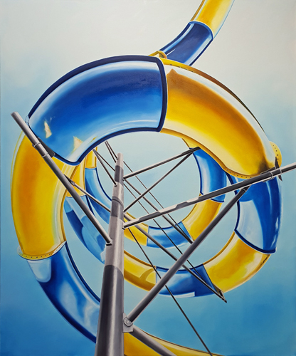 Rutsche blau-gelb, 120 x 100 cm, Öl auf Leinwand, 2024